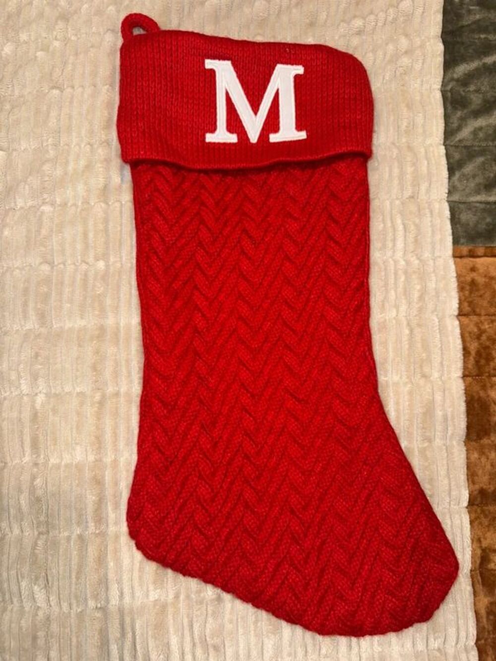 Cable Knit ‘M’ Red Christmas Stocking